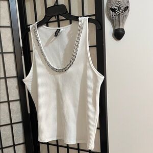 H&M Cream Ribbed Tank with Silver Chain Detail